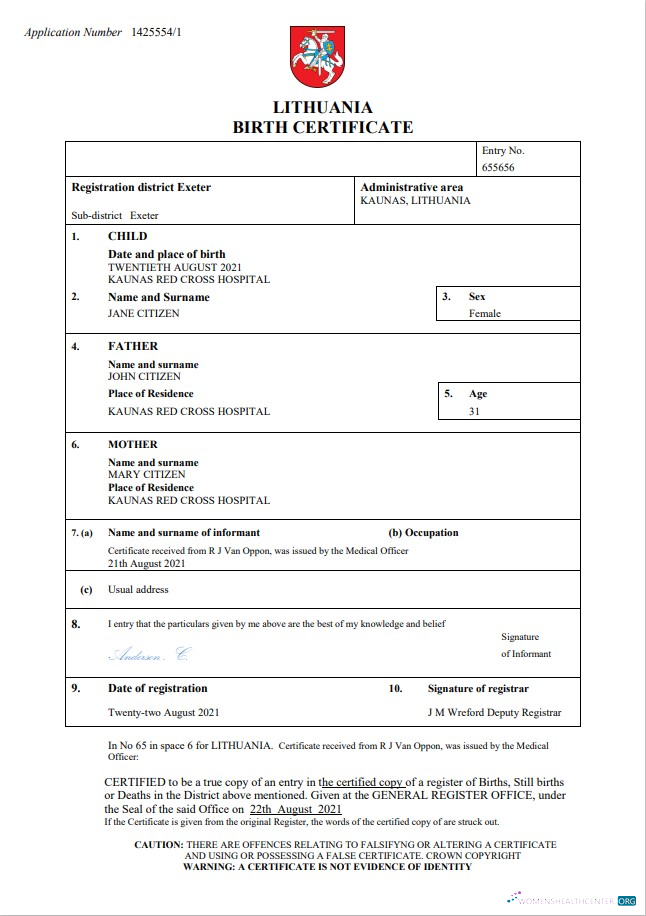 Download Lithuania birth certificate Word and PDF template Photoshop template